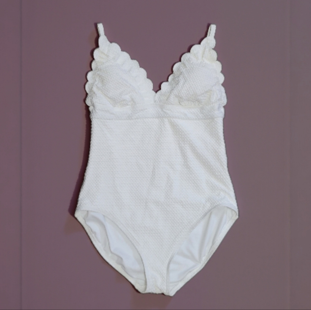 Kate Spade White One Piece Swimsuit XL Waffle Knit Lined Adjustable